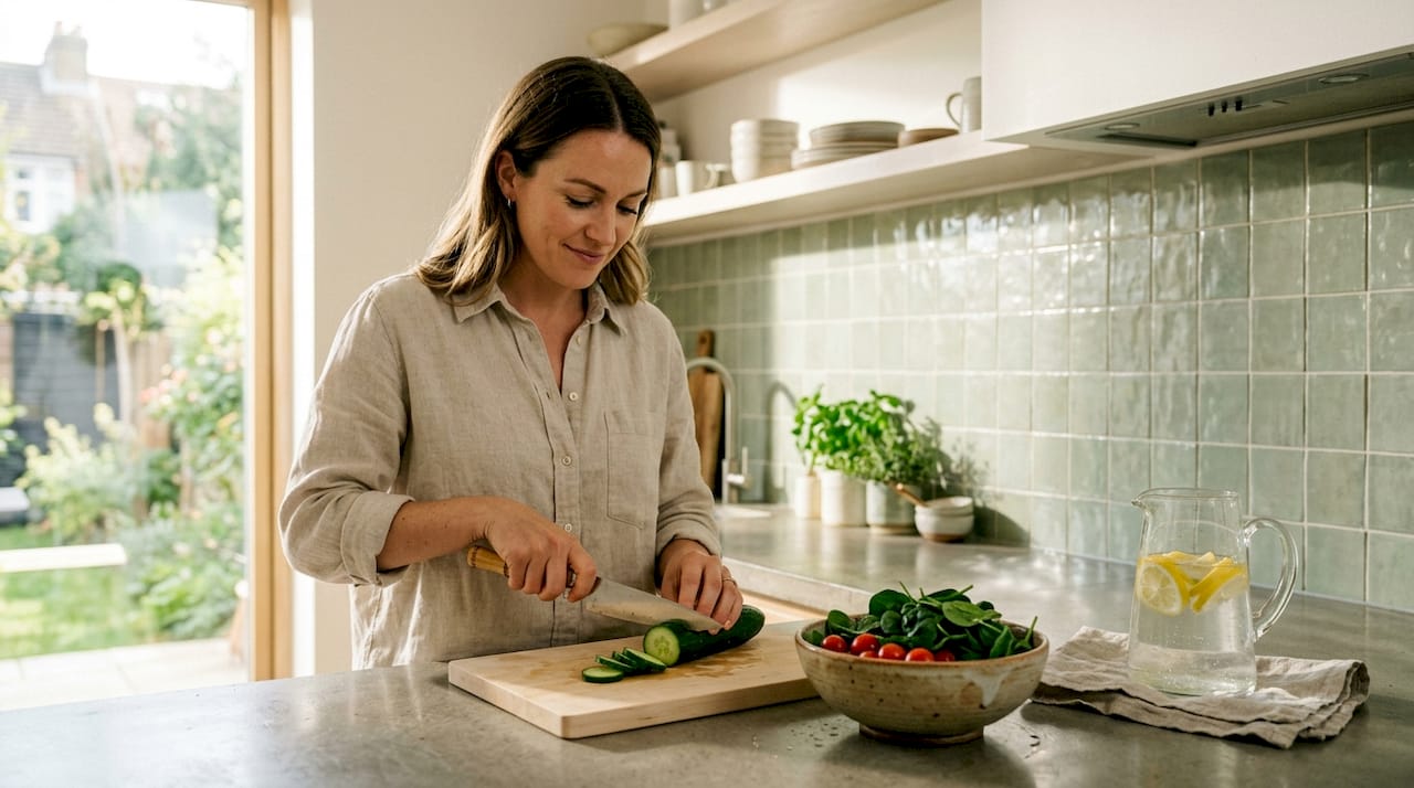 Numa cozinha cheia de luz, uma mulher está a preparar uma salada fresca.