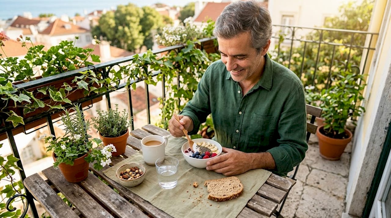 Homem começa o dia com um pequeno-almoço equilibrado, composto por fruta fresca e sementes.