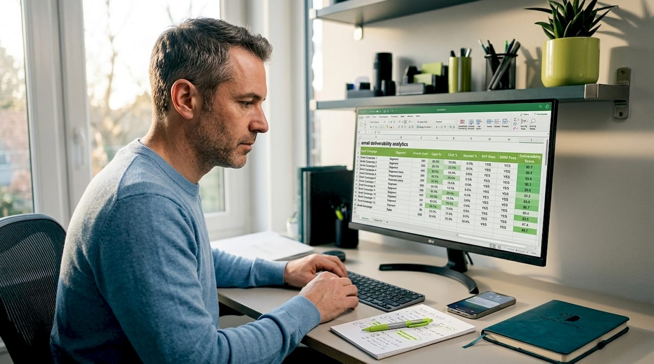 Man analyzing deliverability data in home office