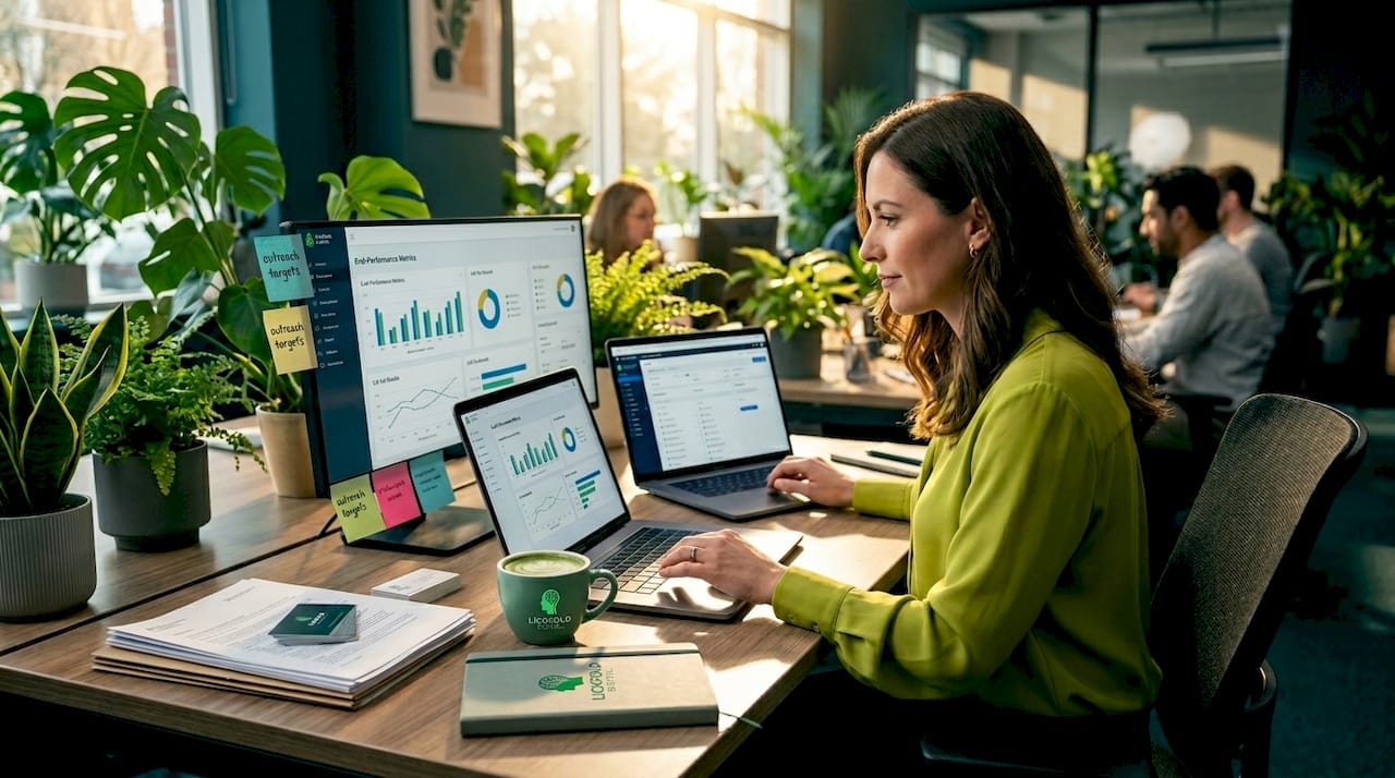 B2B marketer managing outreach on two laptops