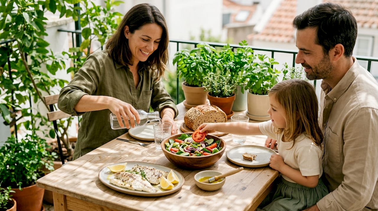 Família reunida à volta da mesa a saborear uma refeição mediterrânica fresca.