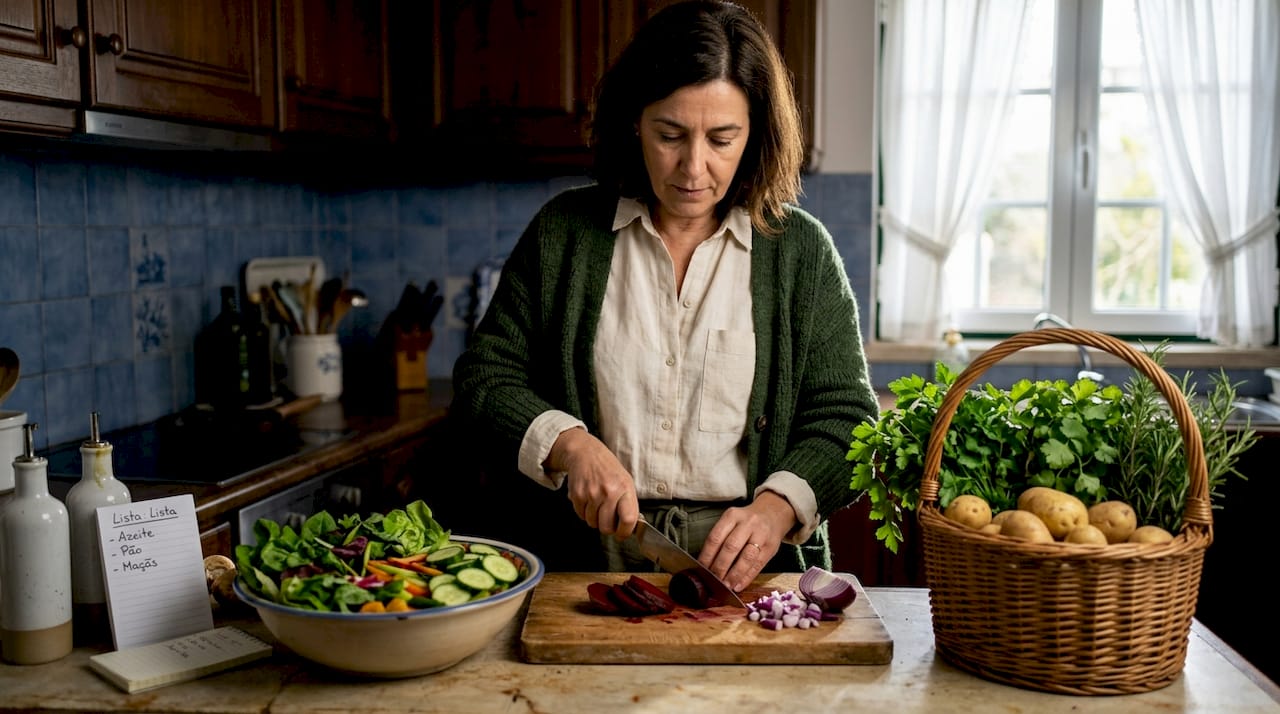 Mulher a preparar refeições caseiras e saudáveis numa cozinha típica portuguesa.