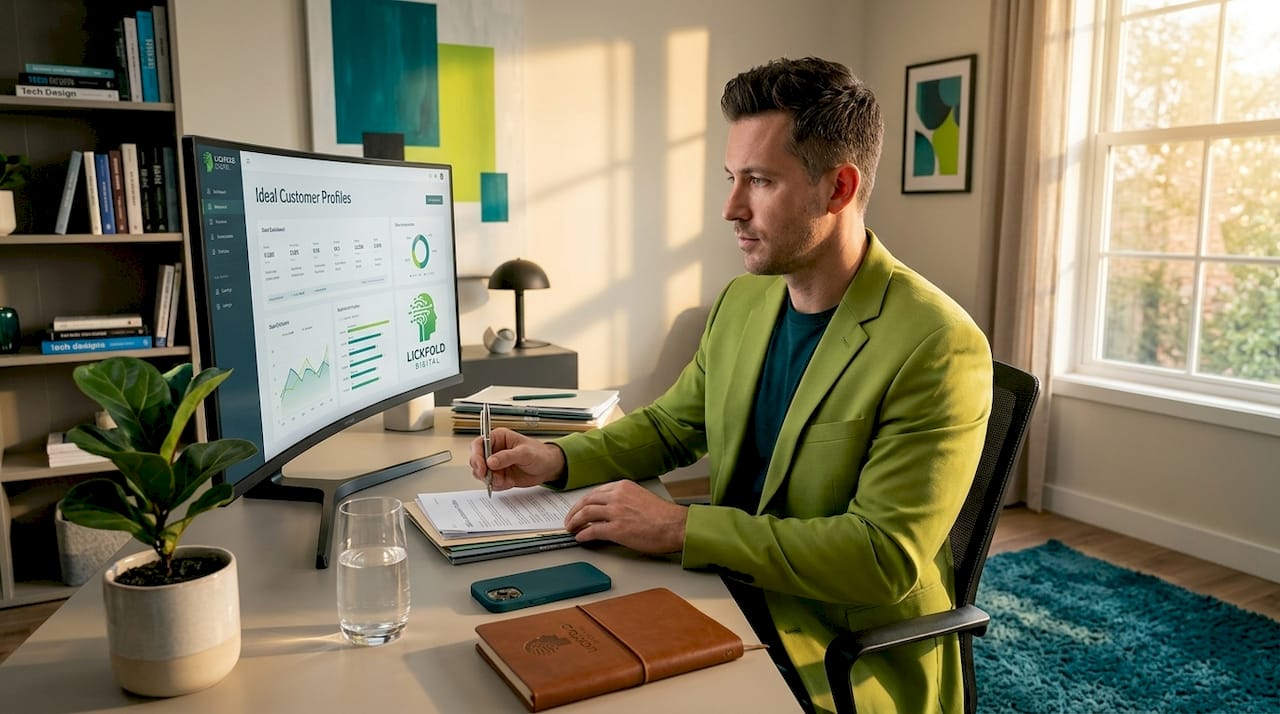 Sales director reviews B2B customer profiles at desk