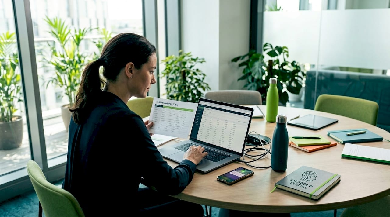 CRM analyst reviews customer data on laptop