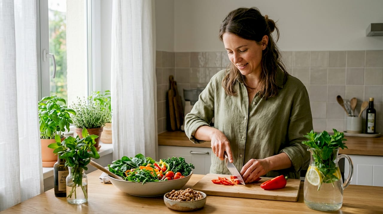 Uma mulher está a preparar uma salada na cozinha, iluminada pela luz do sol.