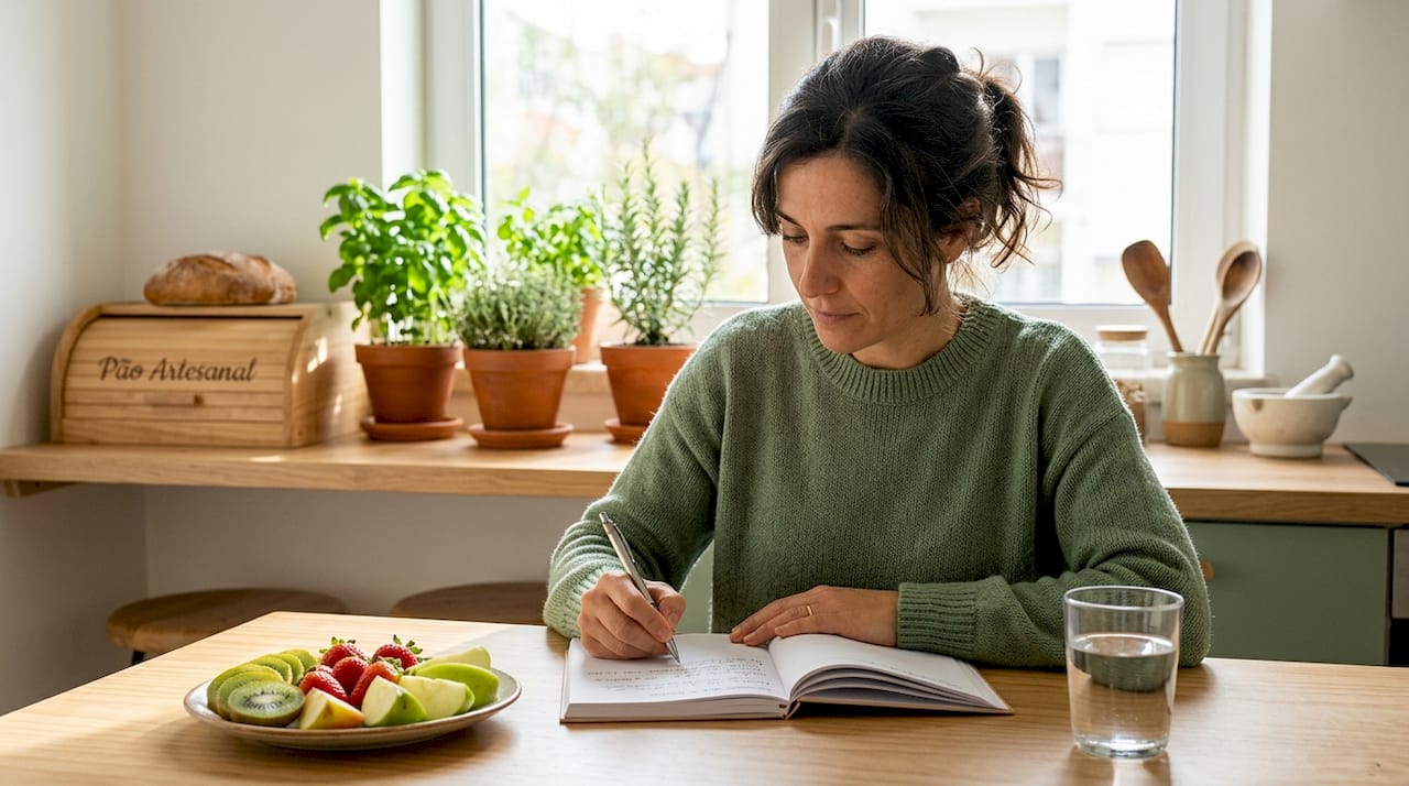 Senhora a apontar o que come no dia-a-dia, enquanto está na cozinha