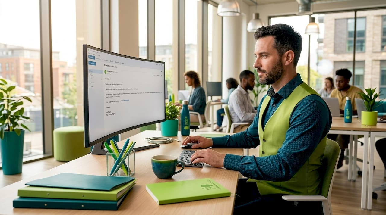 Human reviewer checks email in open workspace