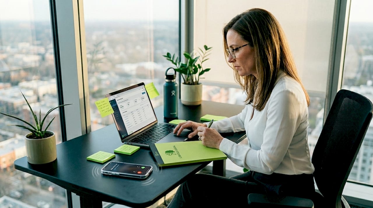 Sales leader reviews AI-drafted reply at glass desk