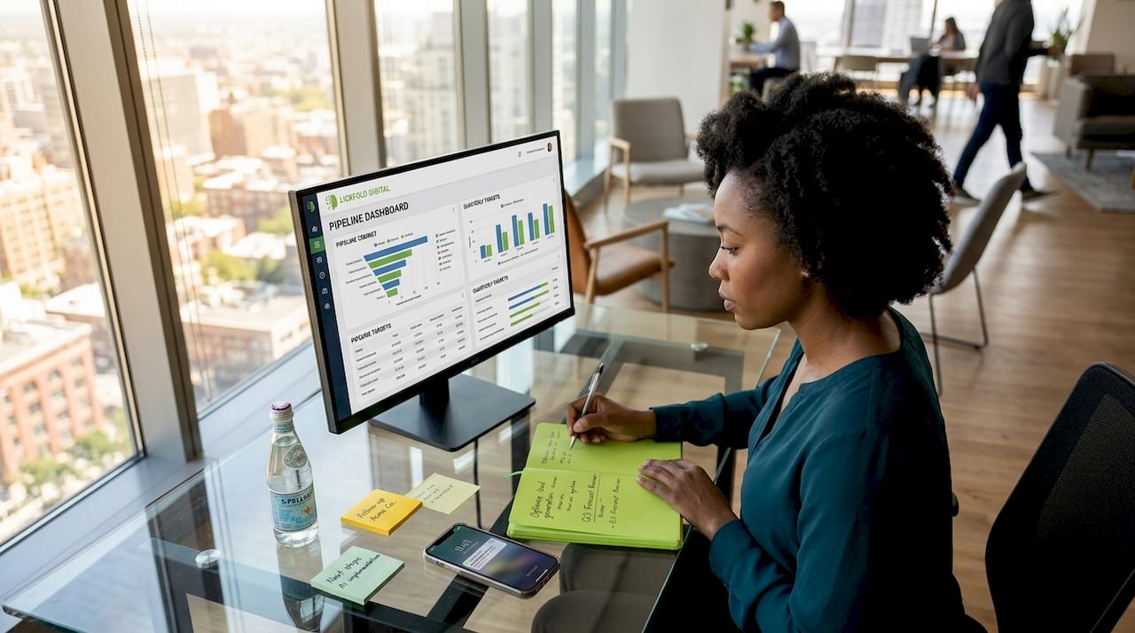 Sales manager reviews dashboard in city office