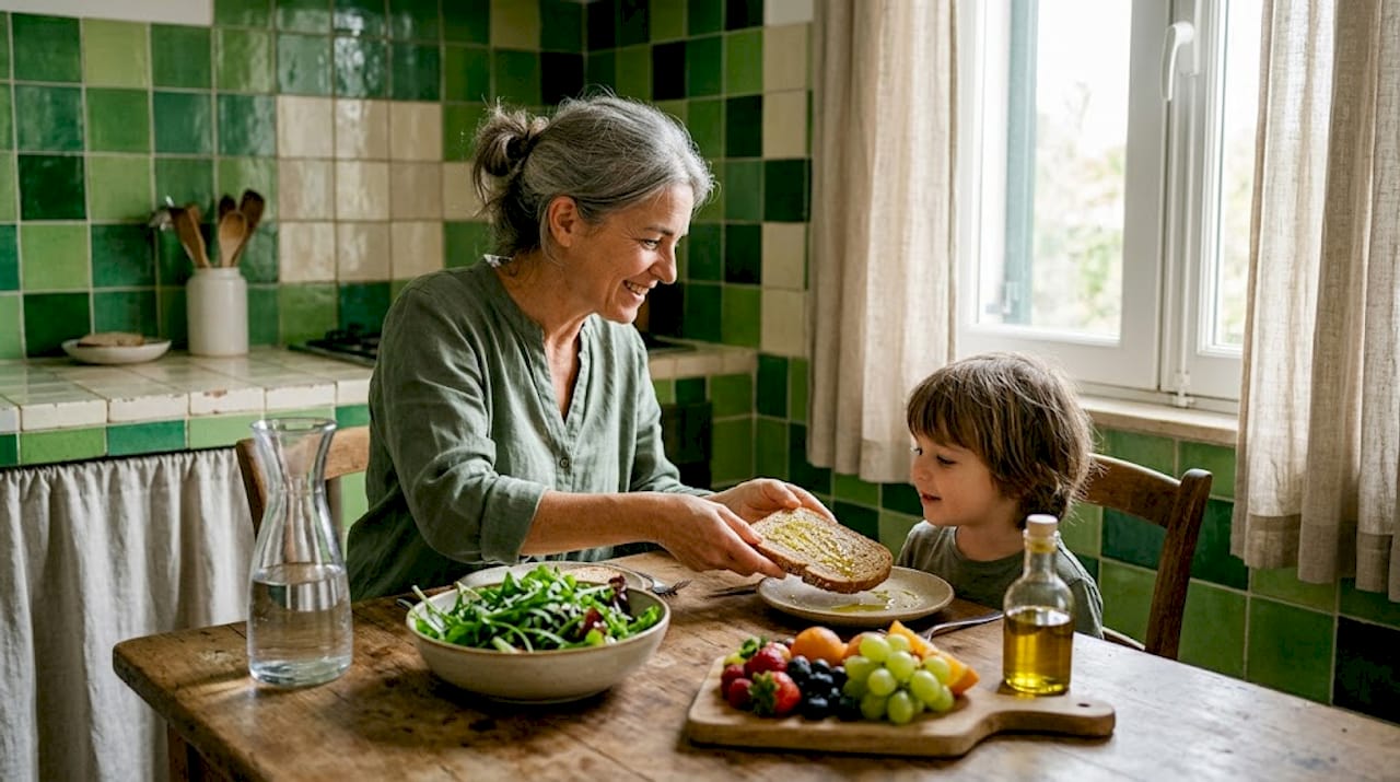 Uma família reunida à mesa, a partilhar sabores típicos da cozinha mediterrânica.