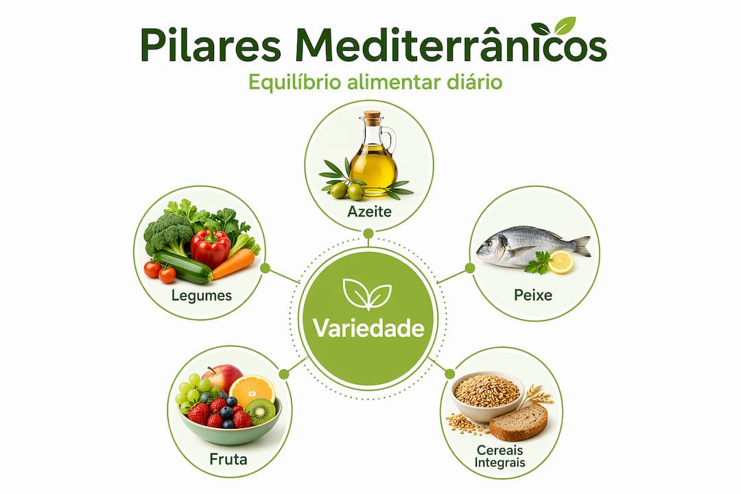 Infografia sobre os principais fundamentos da alimentação mediterrânica