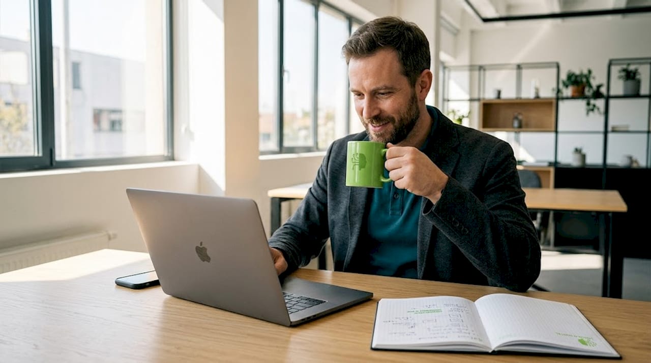 Professional reading personalized email at kitchen table