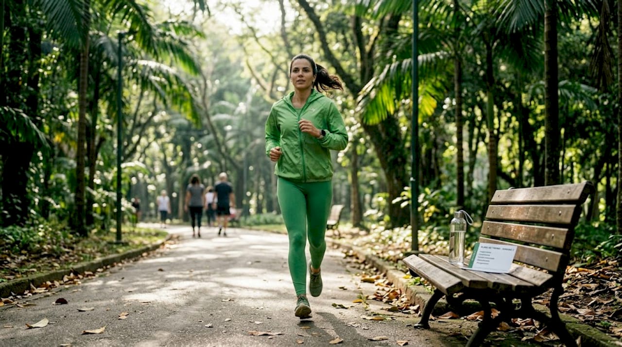 Pessoa a correr num caminho do parque, iluminado pelo sol, com uma garrafa de água por perto.