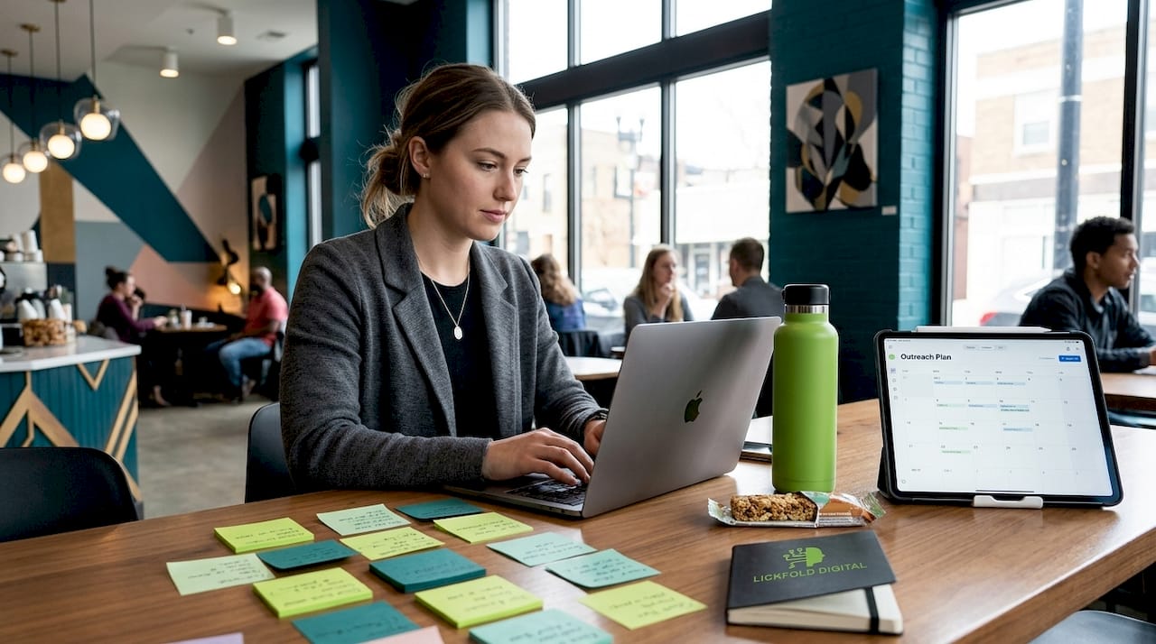 Professional working on outreach sequence at desk