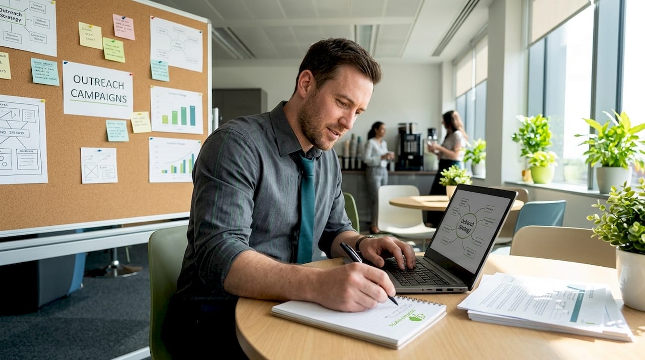 Manager planning outreach campaign in meeting room