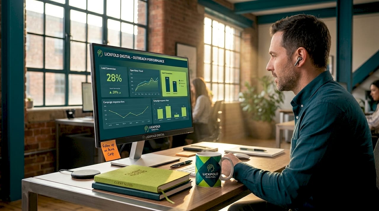 Sales leader reviewing outreach metrics in home office