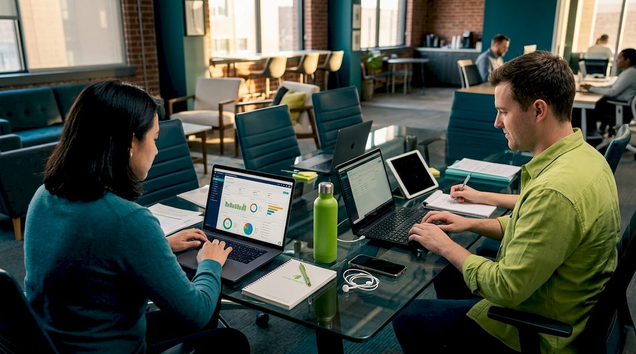 Sales reps using outbound technology tools at desk