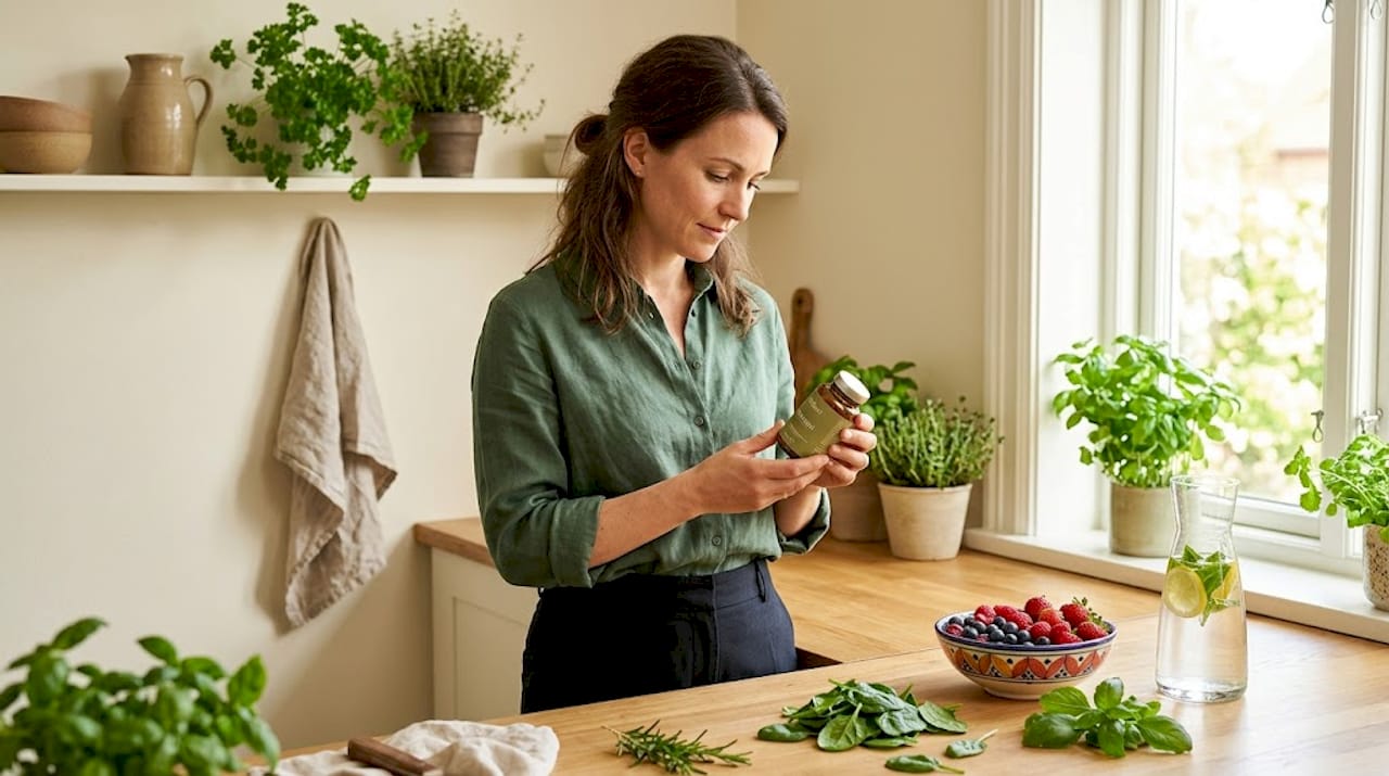 Nutricionista analisa o rótulo de um suplemento na cozinha