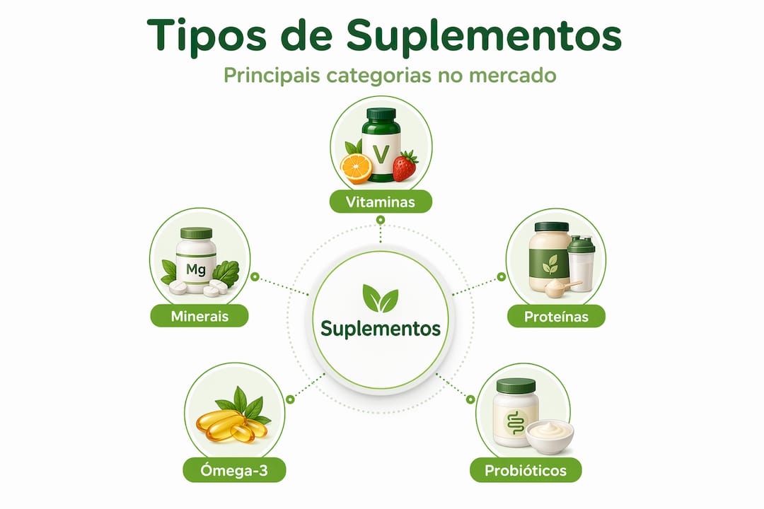 Infográfico apresenta as diferentes categorias de suplementos nutricionais