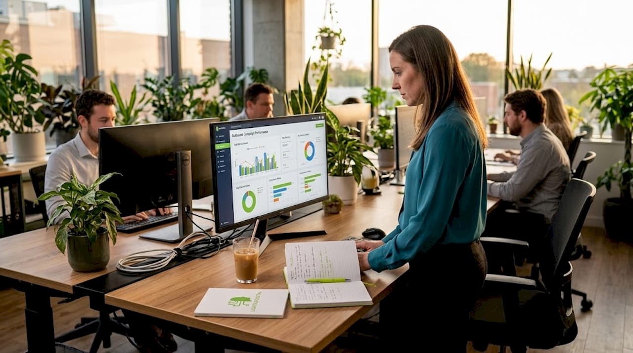 Reviewing outbound analytics dashboard in office