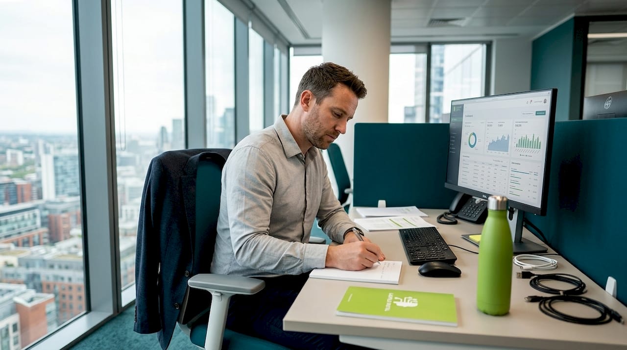 Sales manager reviewing dashboards in corner office
