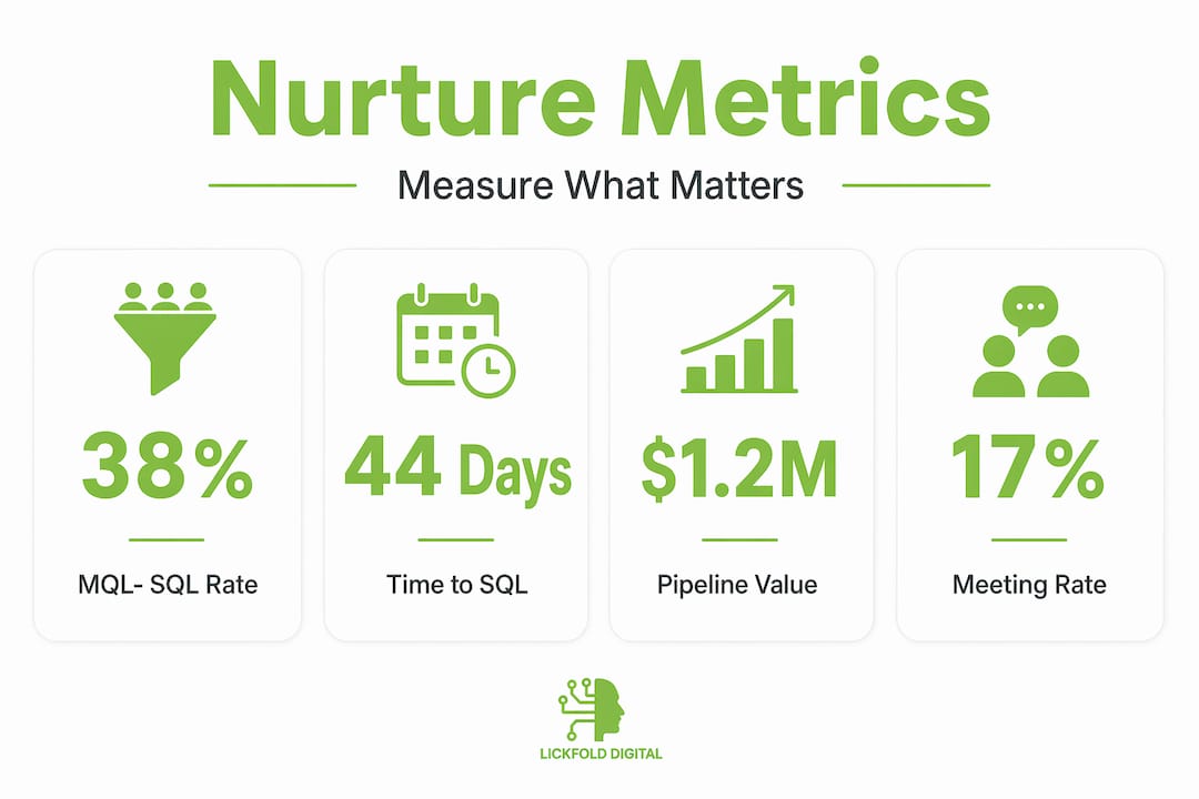 Key nurturing metrics stat infographic on white background