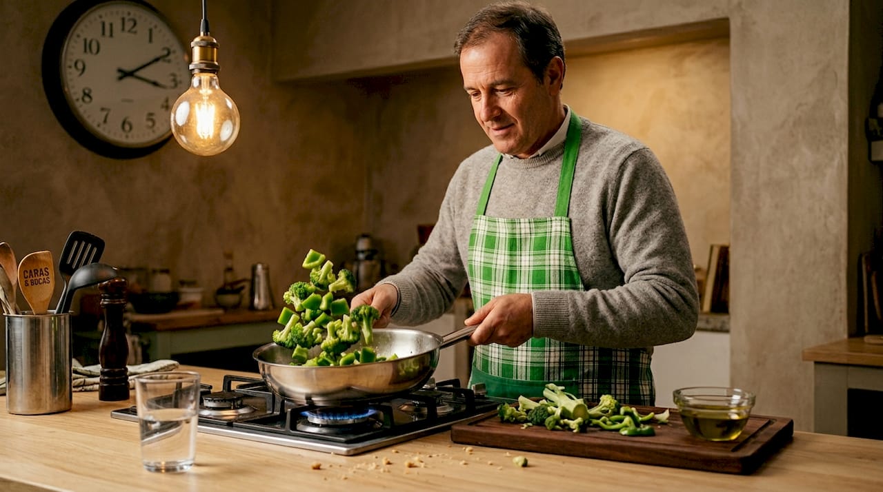Um homem prepara legumes salteados na frigideira, na sua cozinha.