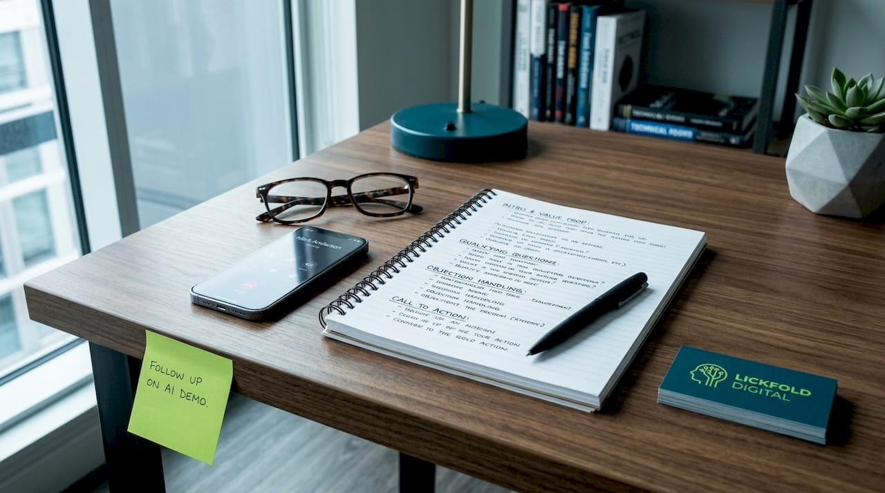 Handwritten cold calling script on notebook