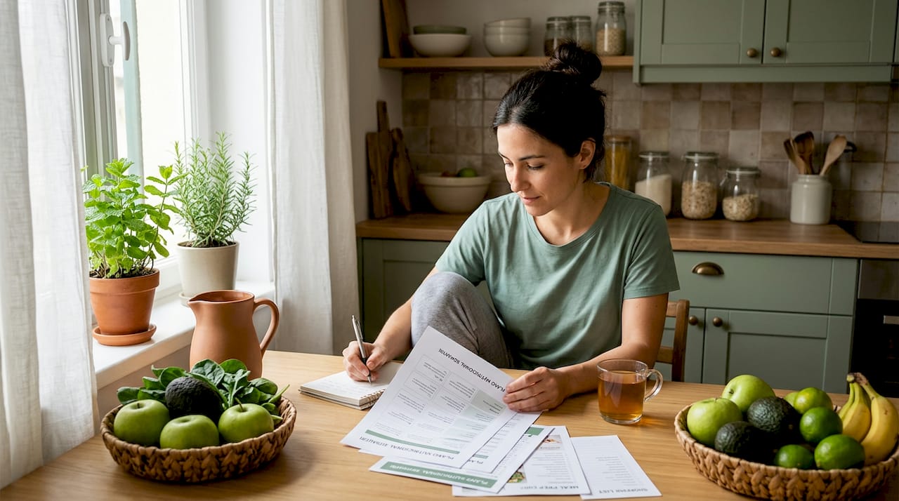 Mulher sentada à mesa da cozinha a organizar o seu plano alimentar.