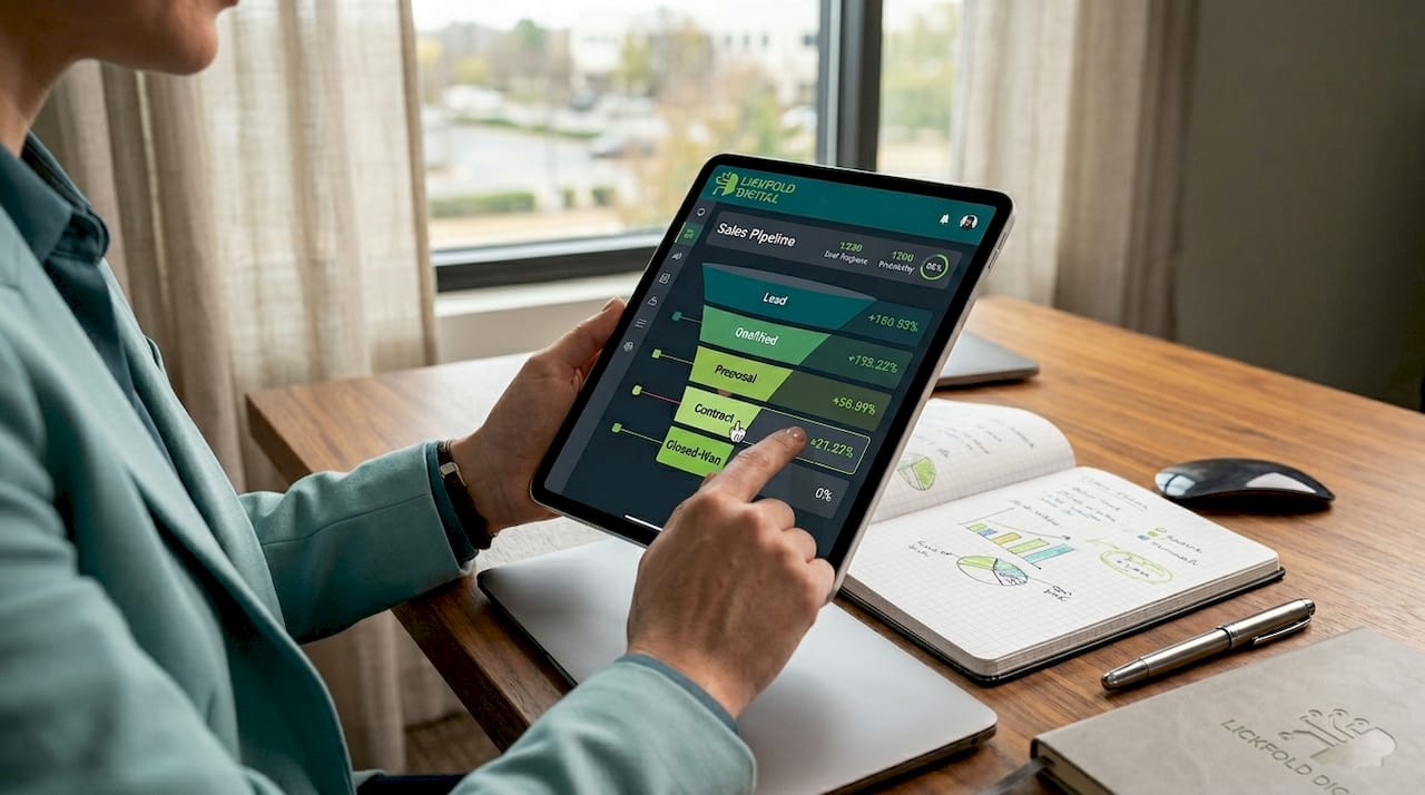 Tablet displaying sales pipeline stages chart