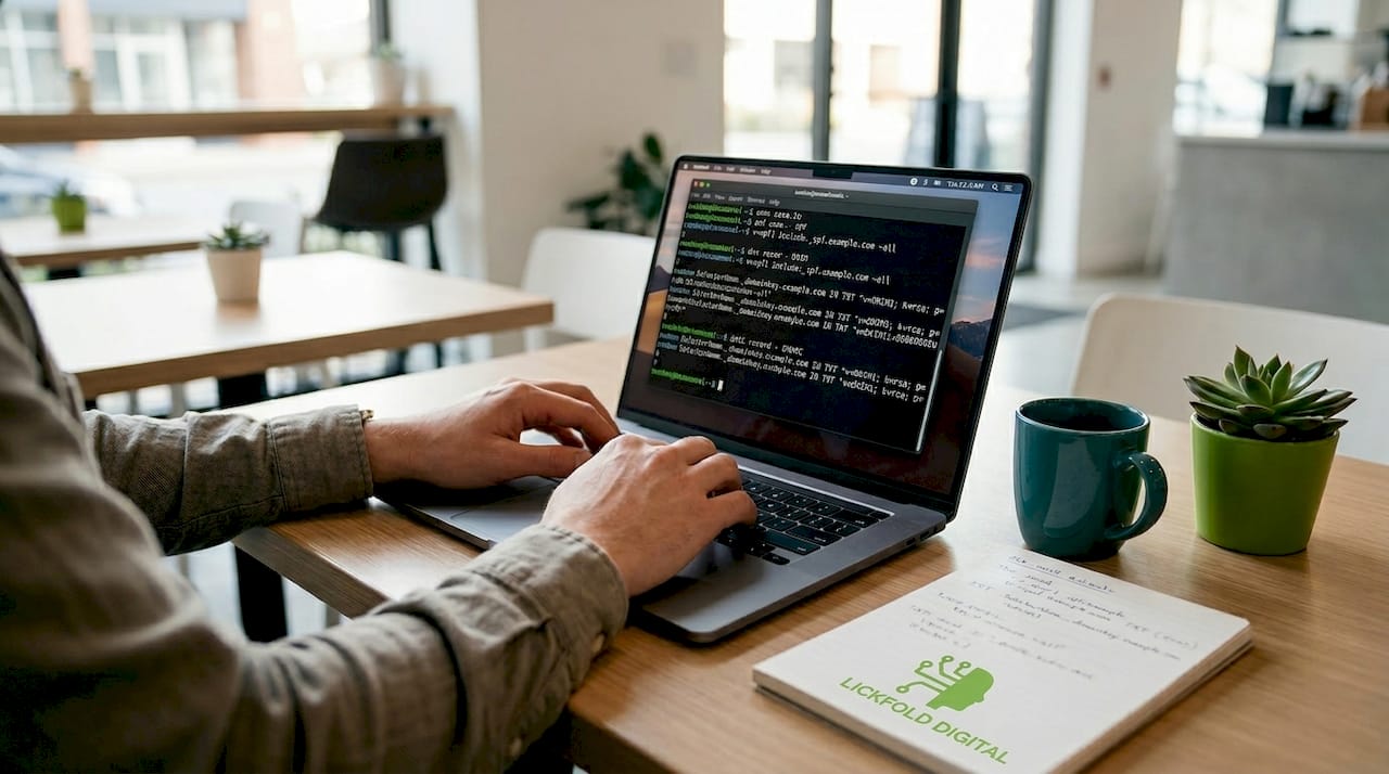 Hands typing email authentication setup on laptop