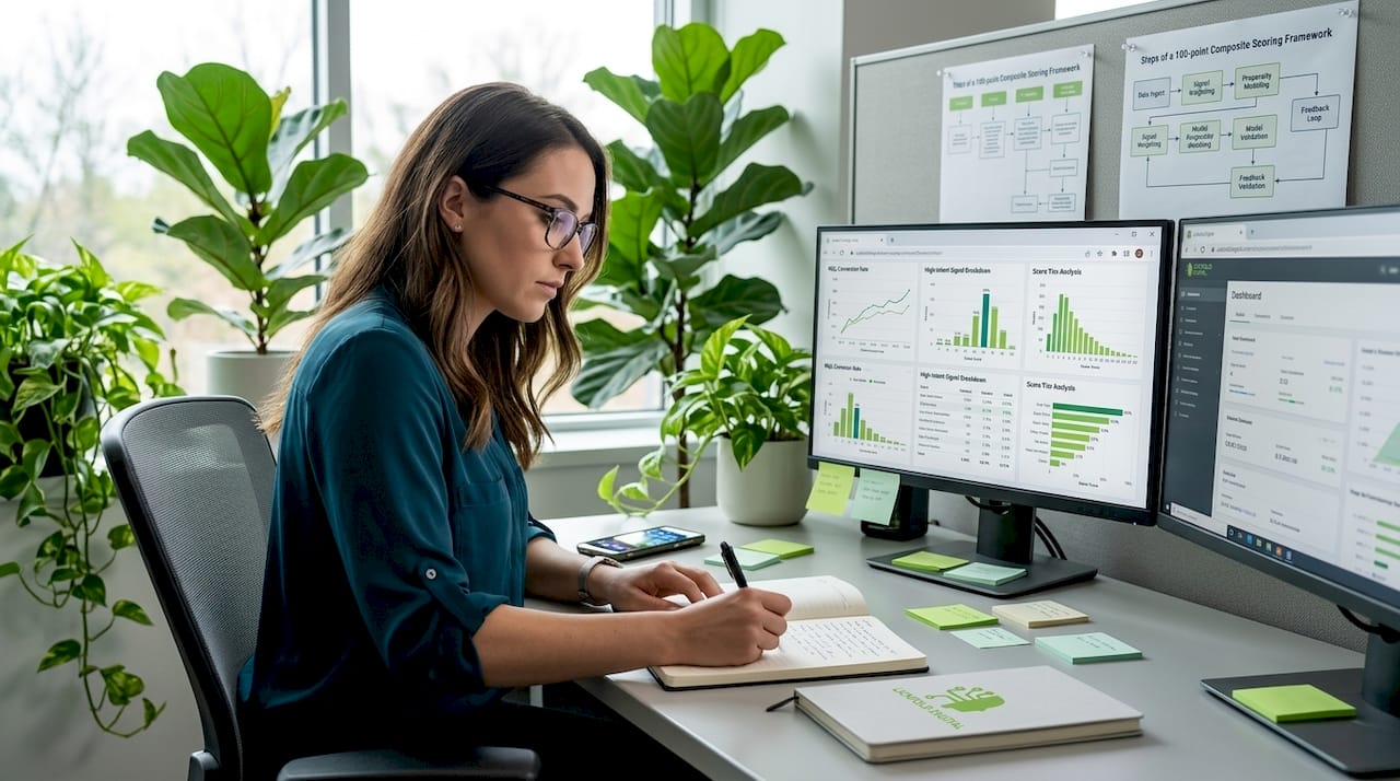 Sales analyst reviewing lead scoring framework