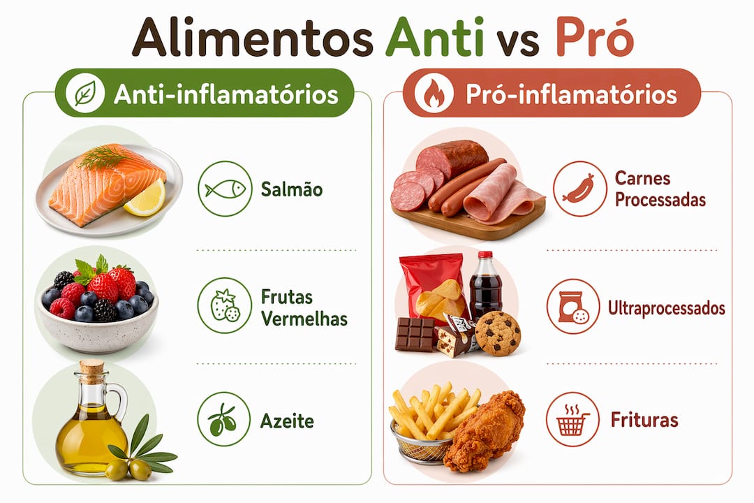 Infografia: alimentos que ajudam a combater a inflamação vs. alimentos que a podem agravar