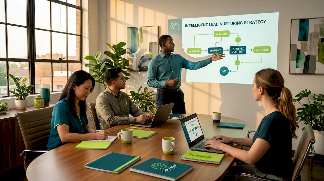 Sales team discussing lead nurturing strategy