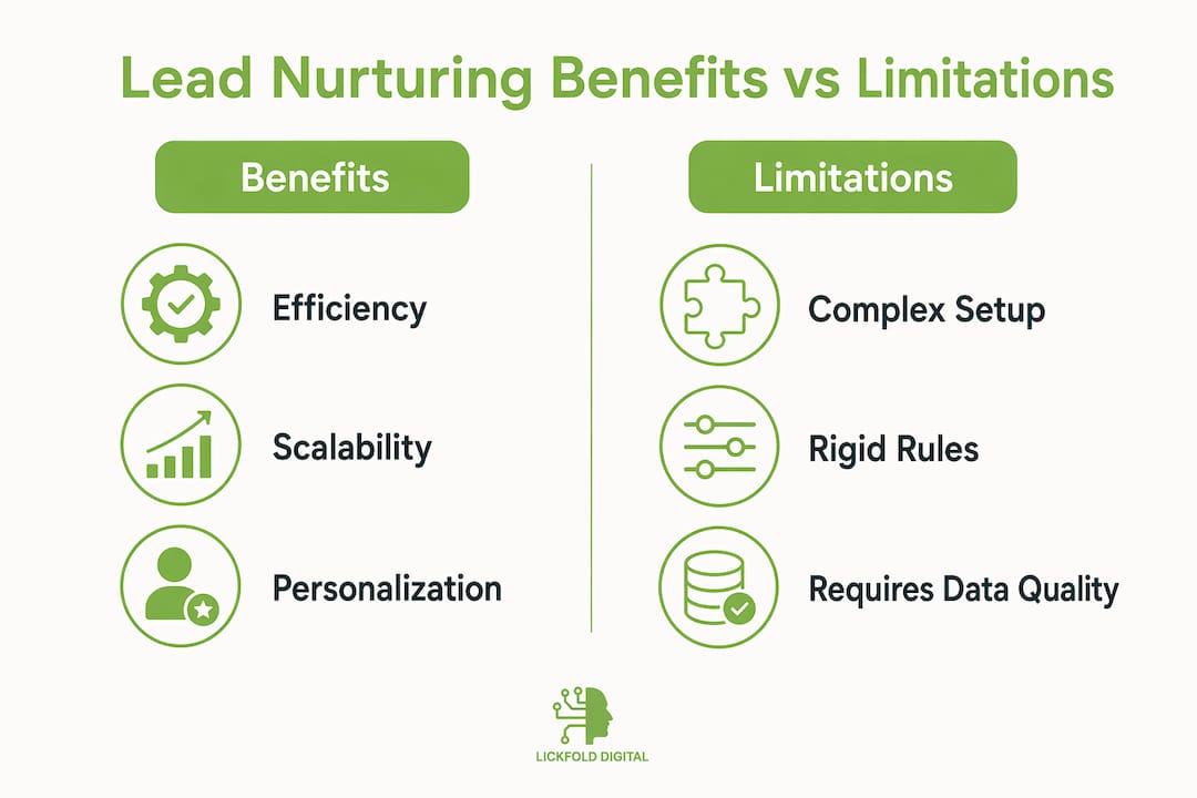 Infographic comparing benefits and limitations of automated lead nurturing