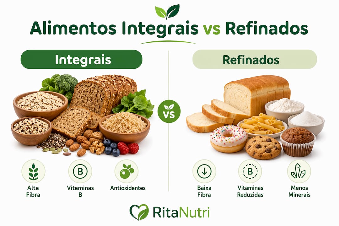 Infográfico: diferenças entre alimentos integrais e alimentos refinados