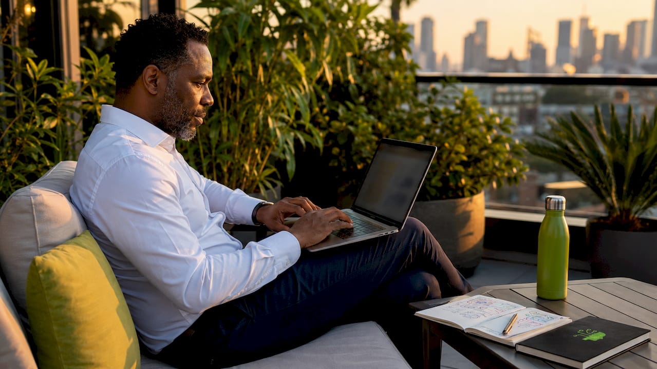 Man using Salesforce laptop in corporate office