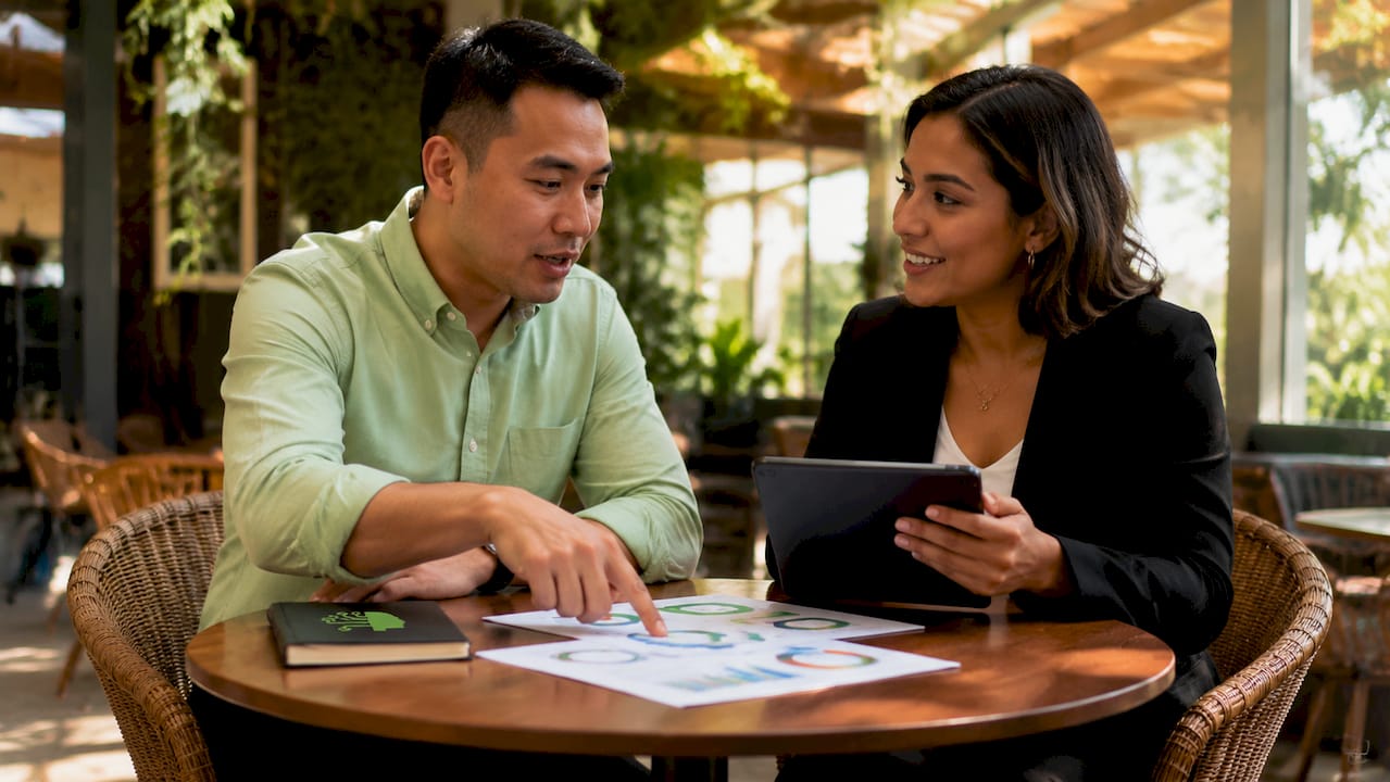 Two sales team members collaborating in meeting