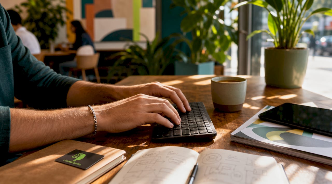 Hands typing email marketing optimization at home office desk
