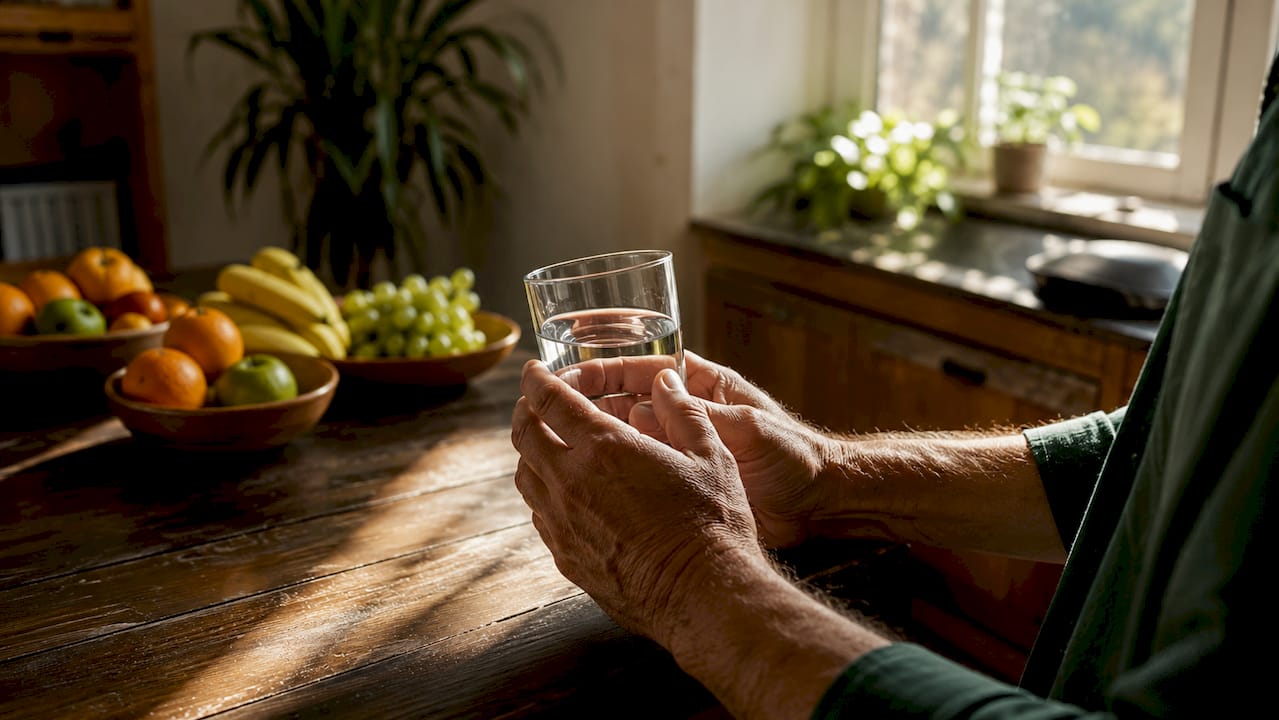 Mãos a segurar um copo de água numa pausa para acalmar a ansiedade