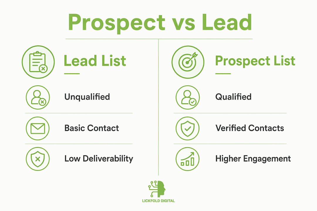 Infographic comparing prospect list and lead list features