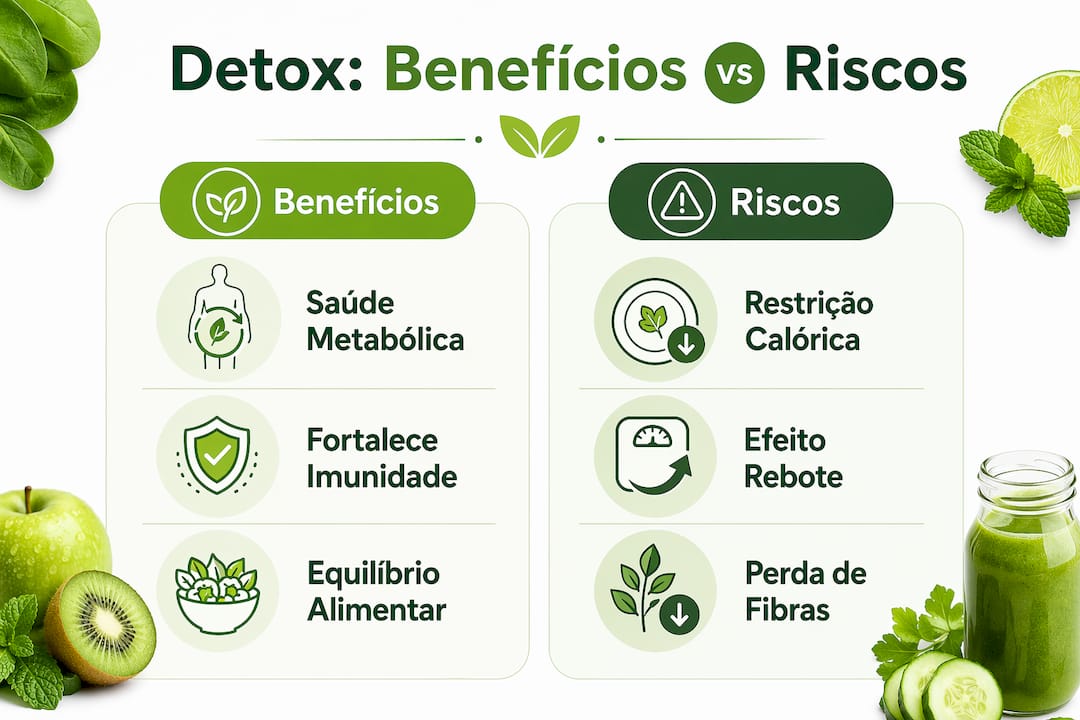 Infográfico sobre as vantagens e os possíveis riscos das dietas de desintoxicação alimentar