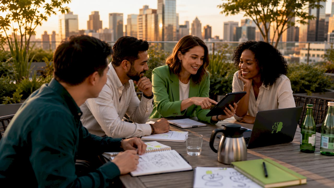 Sales team collaborating in agency meeting room