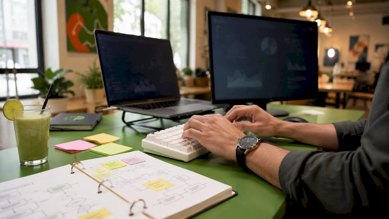 Hands typing on keyboard amid campaign planning documents