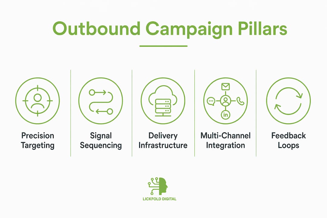 Infographic showing five core pillars of scalable outbound campaigns