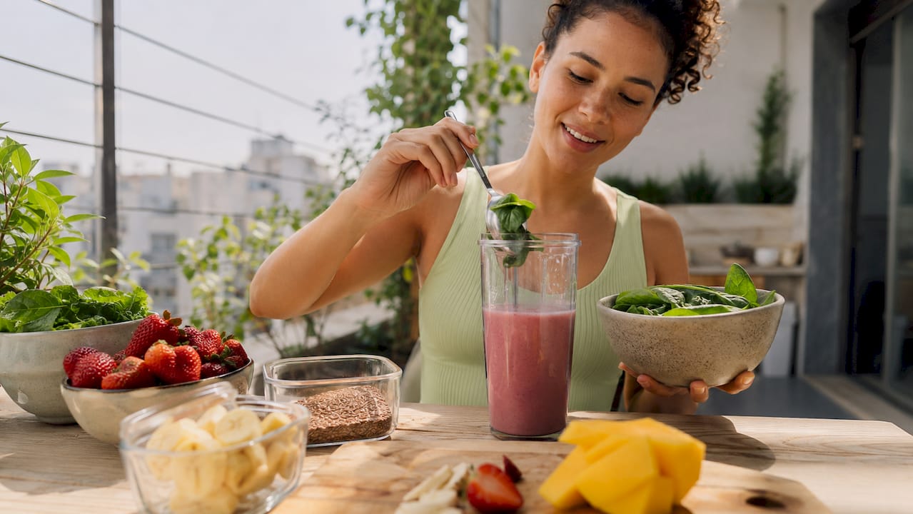 Mulher a fazer um batido saudável com superalimentos na cozinha