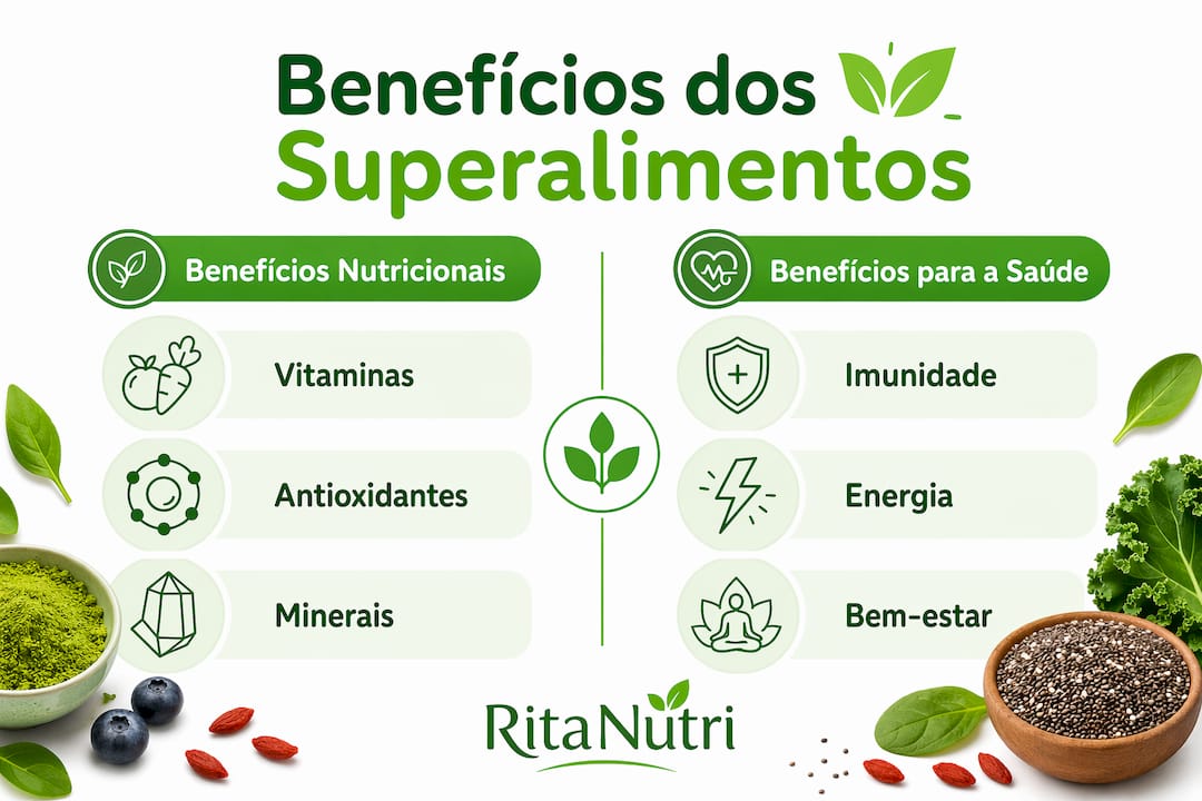 Infográfico sobre as vantagens nutricionais e os benefícios para a saúde dos superalimentos