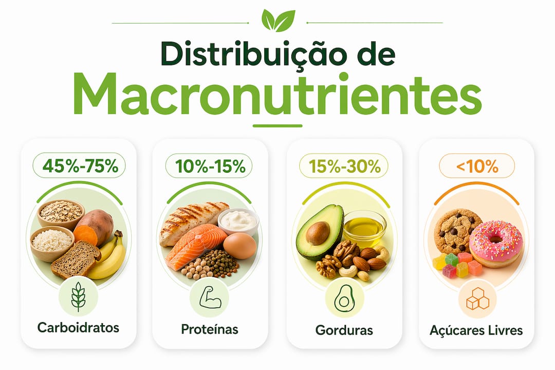 Infografia com as proporções ideais de macronutrientes recomendadas