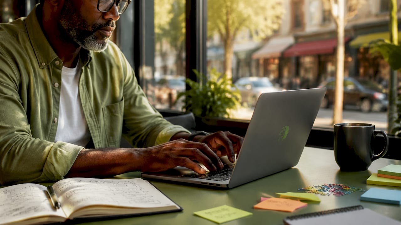 Hands typing on laptop at coworking space