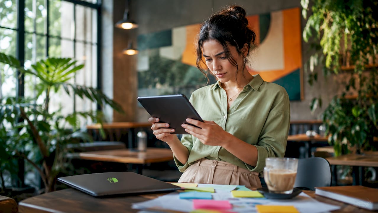 Analyst reviewing AI market viability data on tablet